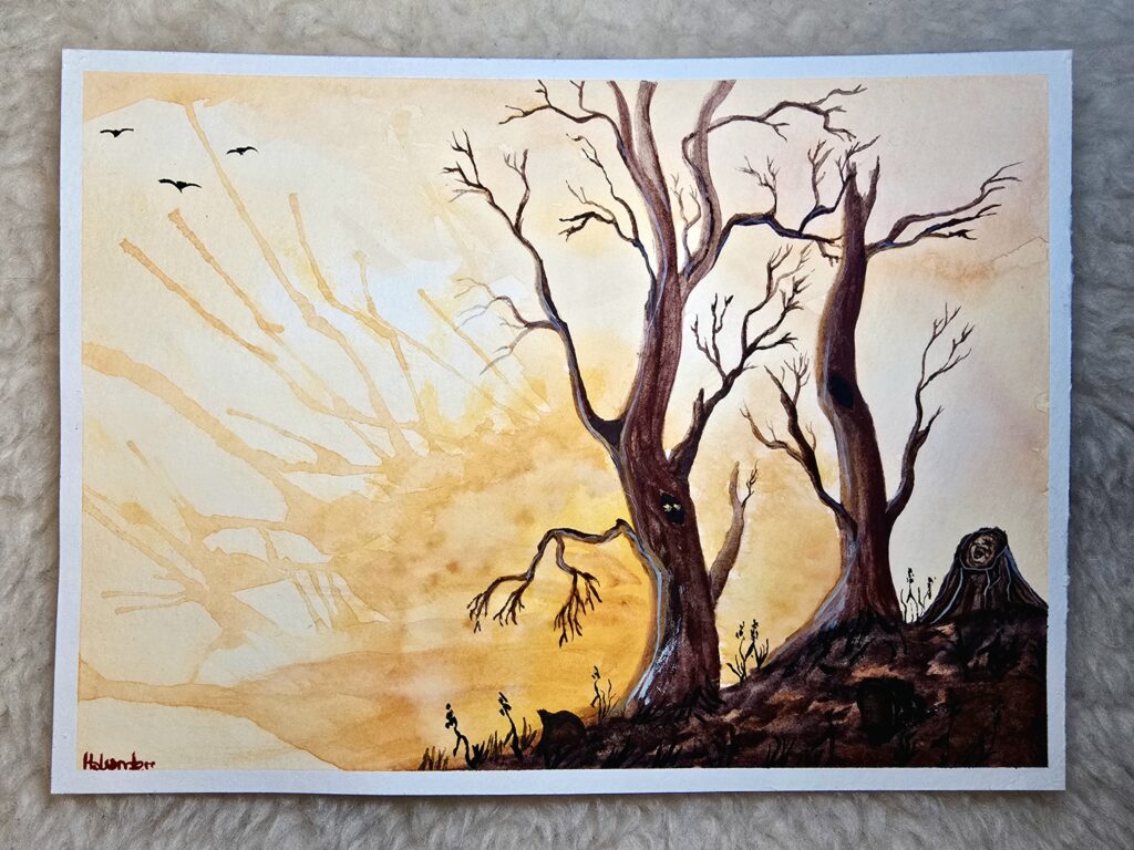 Watercolor painting depicting two dark, leafless trees standing on a rugged hill against a golden sunset, with three birds silhouetted in the sky.