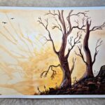 Watercolor painting depicting two dark, leafless trees standing on a rugged hill against a golden sunset, with three birds silhouetted in the sky.